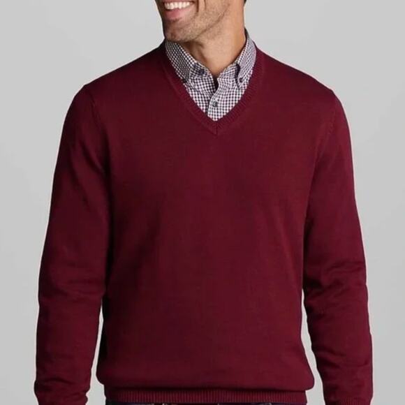 Jos. A. Bank Pure Silk V-Neck Sweater Burgundy Red Knit Pullover Size L - Picture 1 of 8